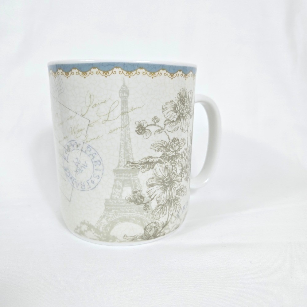 222 Fifth Lissome Pattern Eiffel Tower Postcard Paris Porcelain Mug Discontinued